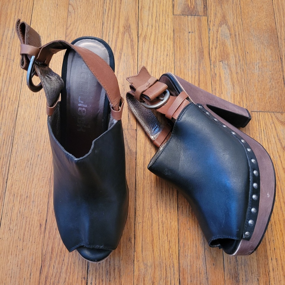 Dani‎ Black 9.5 Platform Clog Heels Black Studded Leather Slingback Peep Toe